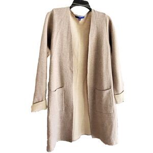 Apt. 9 Long Cream Knit Cardigan Open Front Pockets Cotton Blend, Size S - EUC